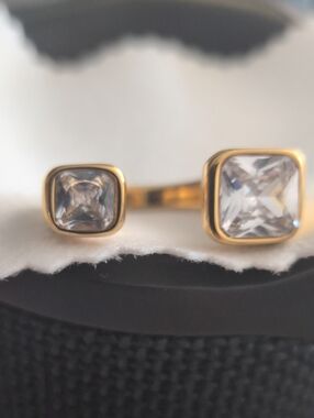 Gold Open Band Ring with Clear Square Stones